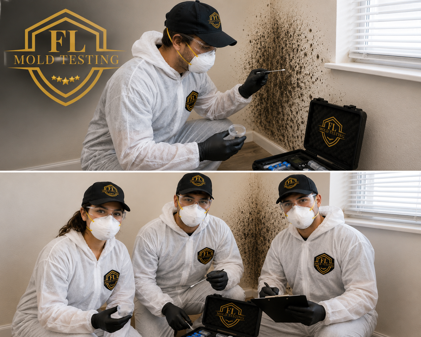 Three mold testing professionals in white protective suits, face masks, gloves, and caps with