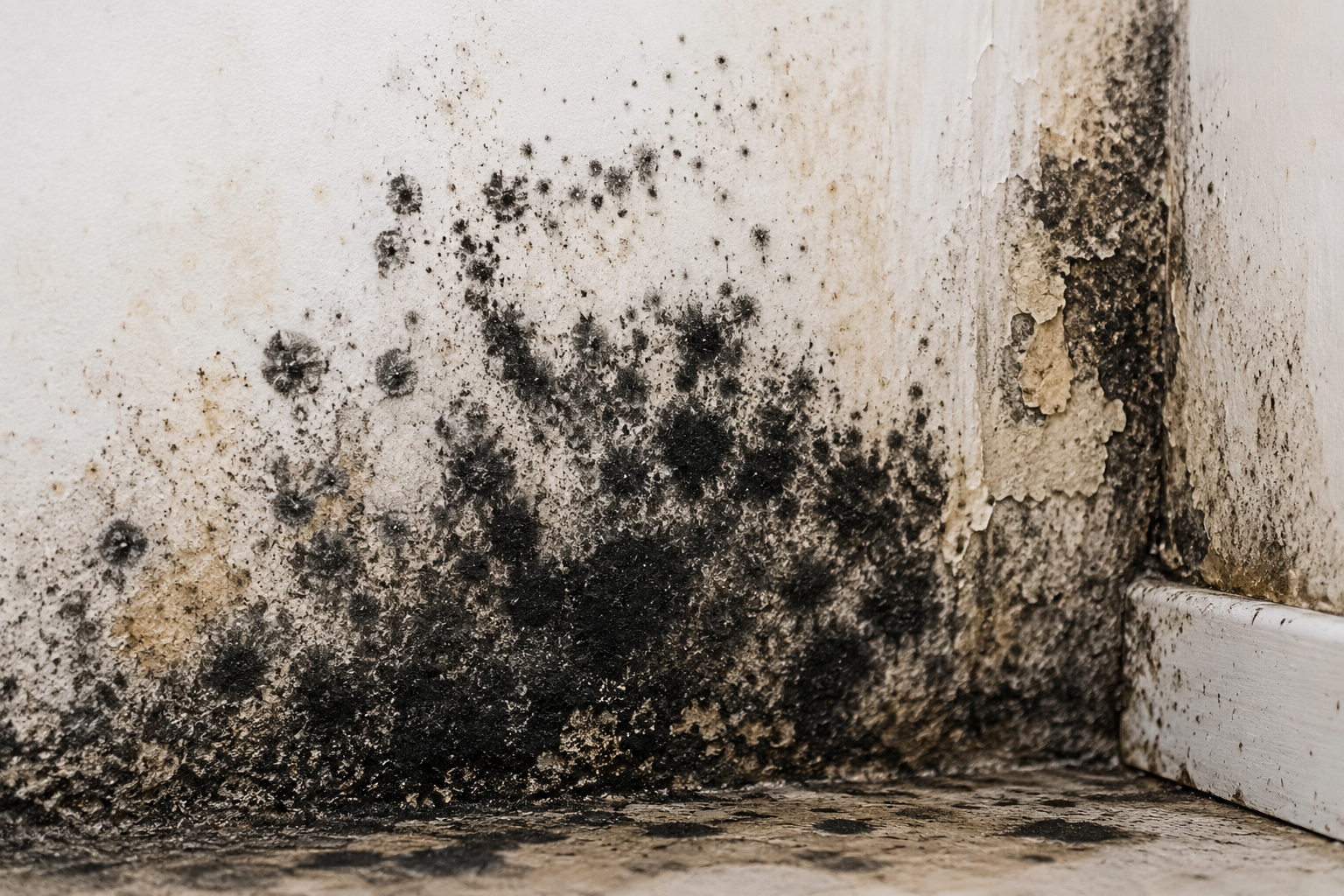 Mold and mildew growth on a bathroom wall and corner near the floor.