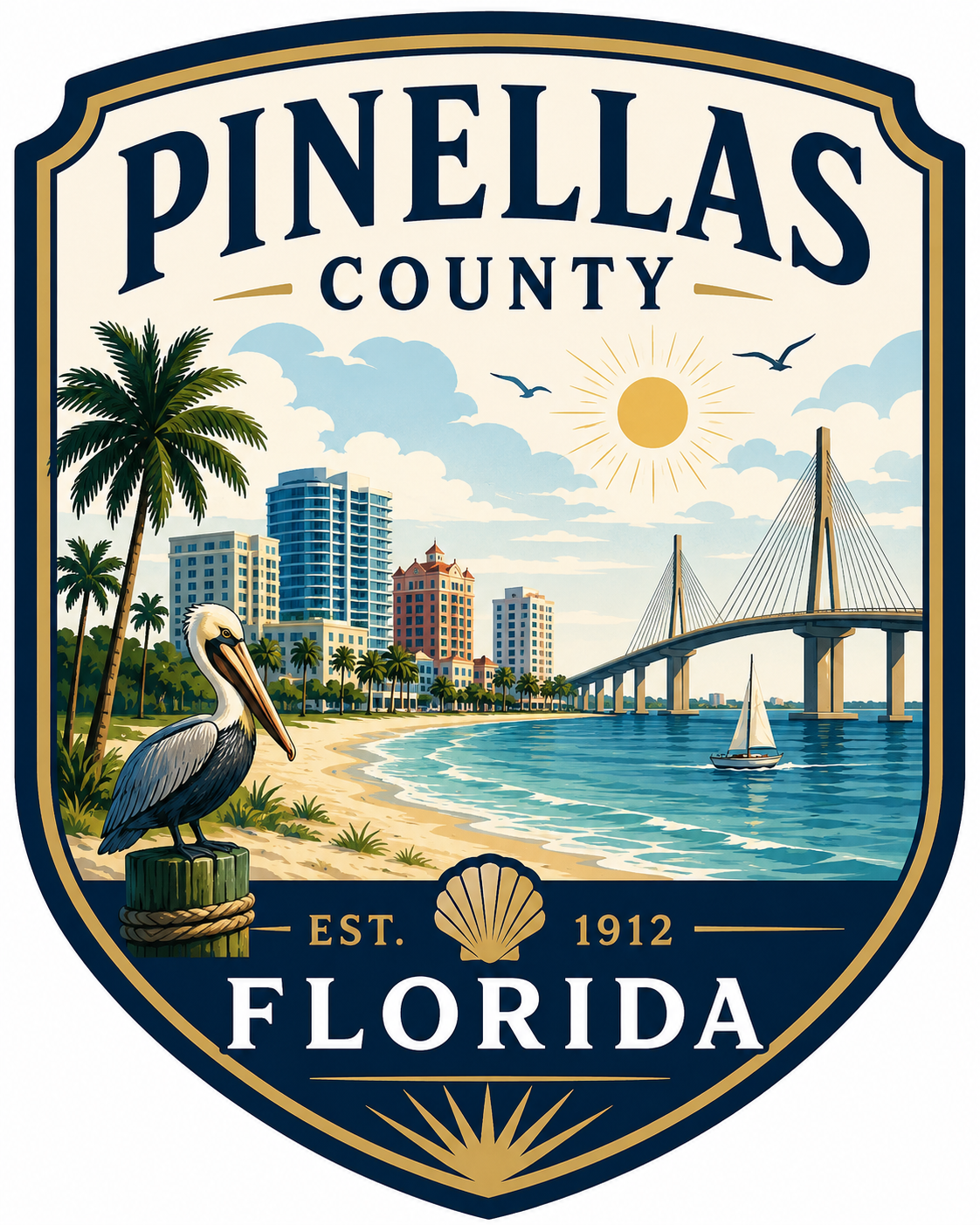 Illustration of a logo for Pinellas County, Florida, showing a beach with palm trees, a pelican, tall buildings, a bridge, a boat, and a bright sun with sky and clouds, established in 1912.