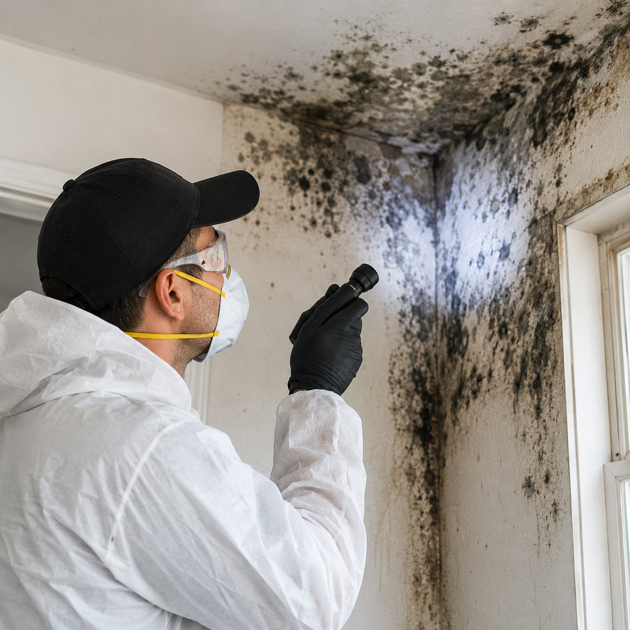 A person wearing protective gear, including a mask, gloves, goggles, and a cap, using a tool to inspect a mold-infested wall near a window.