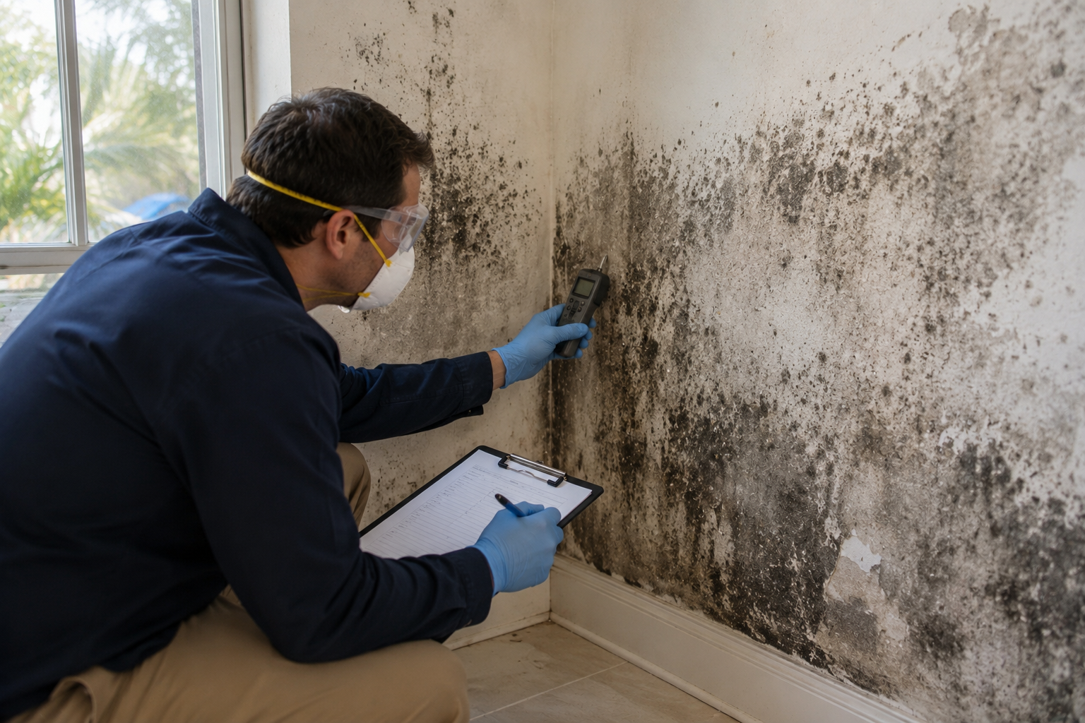 A person wearing protective goggles, a mask, and gloves uses a moisture meter to inspect a moldy wall in a room.