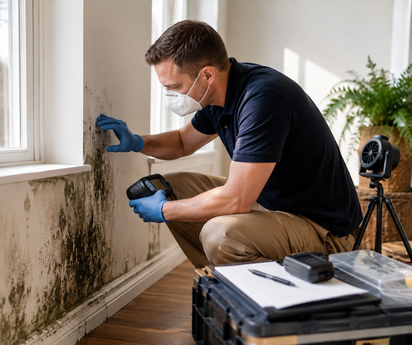 A man wearing a face mask and blue gloves inspecting mold on a wall near a window with a moisture meter. There is a tripod with a device in the background and a toolbox with papers and tools on the floor.
