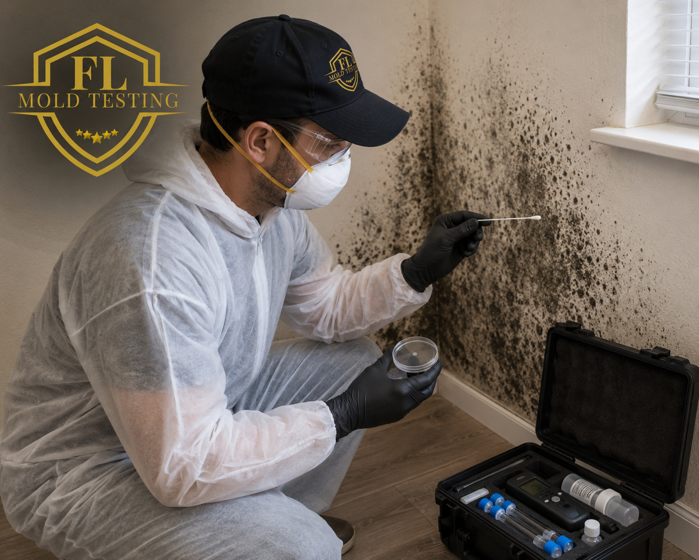 Person conducting mold testing on a moldy wall with testing tools and equipment