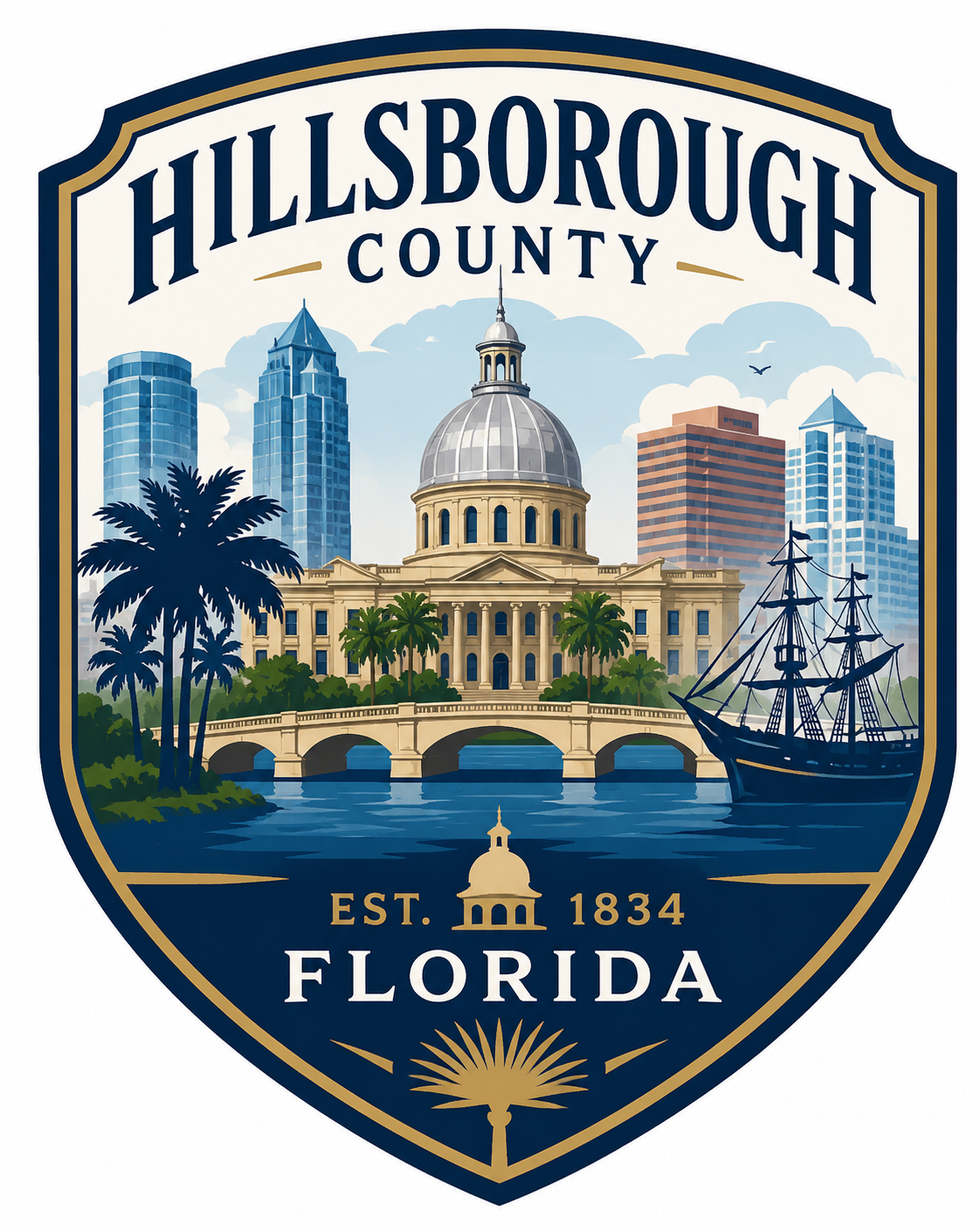 A badge with the text 'Hillsborough County Florida' at the top, featuring a cityscape with modern skyscrapers and the Florida State Capitol building, palm trees, a river, and a sailing ship, with 'Est. 1834' below.