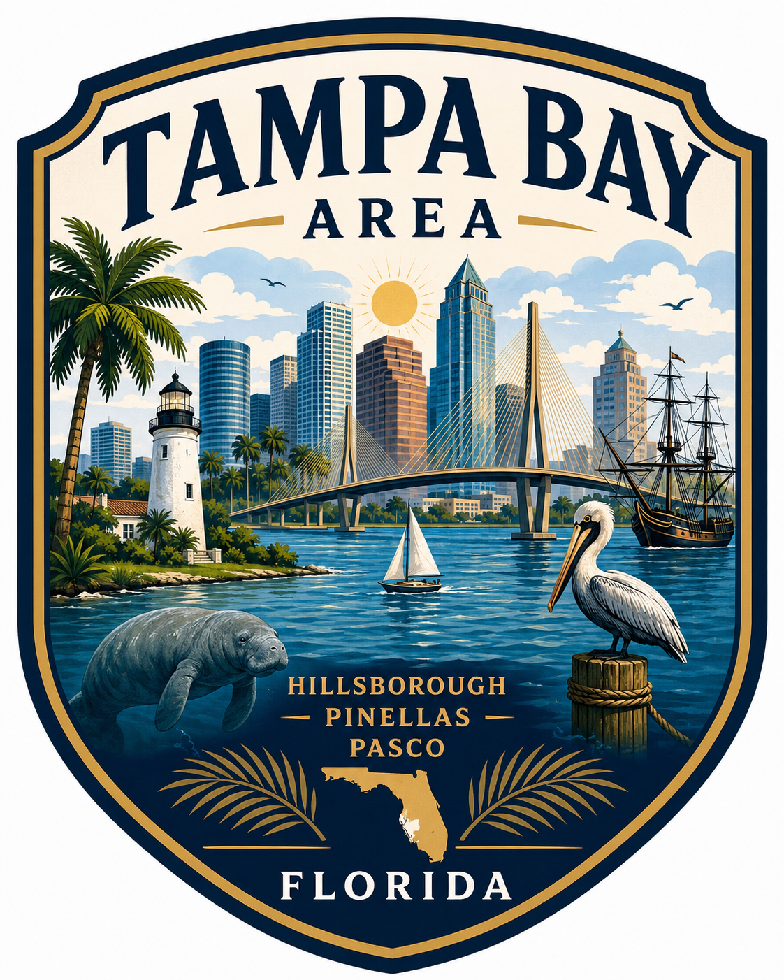 Illustration of Tampa Bay area in Florida, featuring skyscrapers, a bridge, a lighthouse, a sailboat, a pelican, and a manatee, with the sun in the sky and palm trees, and text indicating Hillsborough, Pinellas, Pasco counties.