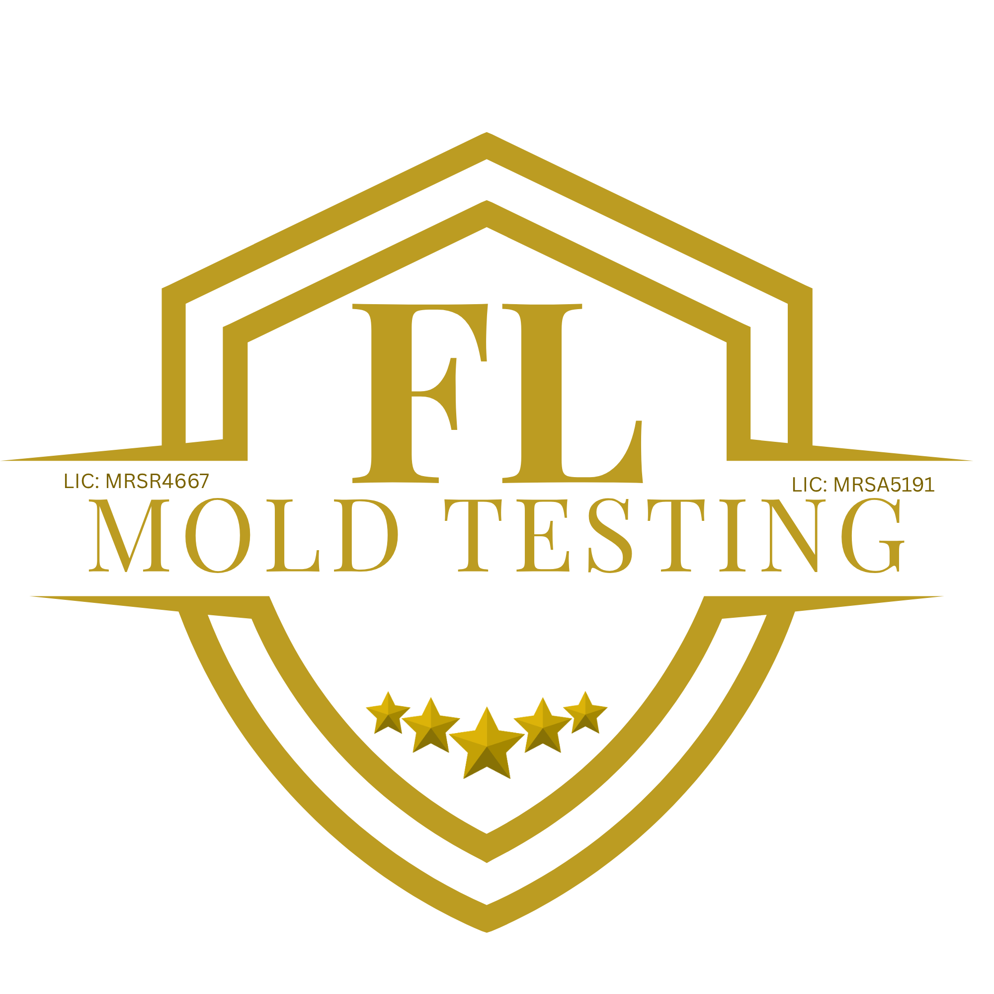 Gold outline of a house with the words 'MOLD TESTING' and license numbers inside.