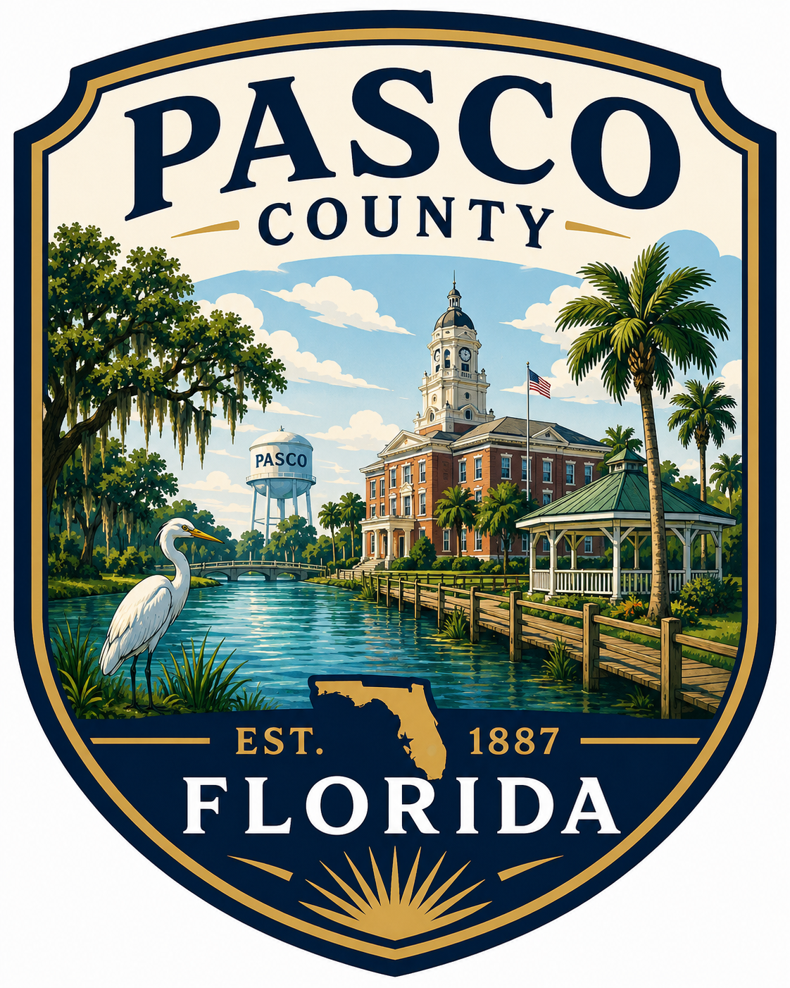 Illustration of Pasco County, Florida, featuring a historic courthouse, water tower, palm trees, a waterway with a heron, a gazebo, and an American flag, with the text 'Pasco County Est. 1887 Florida' at the top.