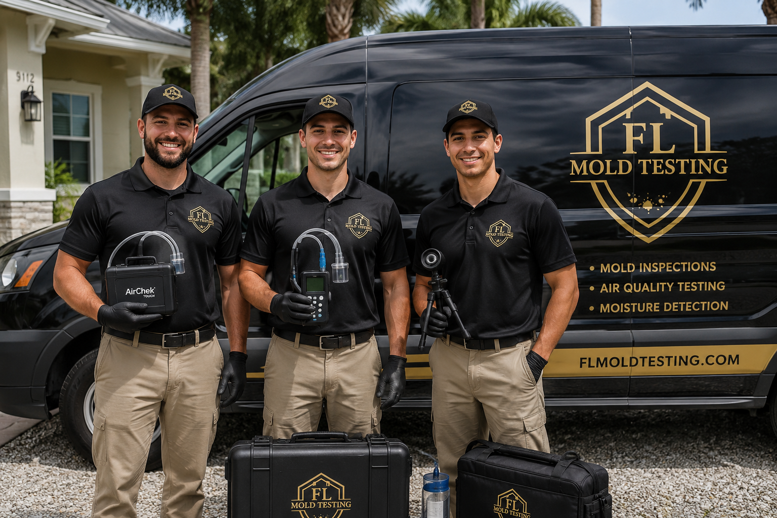 Three male mold testing technicians in black polos and khaki pants standing in front of a company vehicle, smiling, holding testing equipment for mold inspection, with a house in the background.