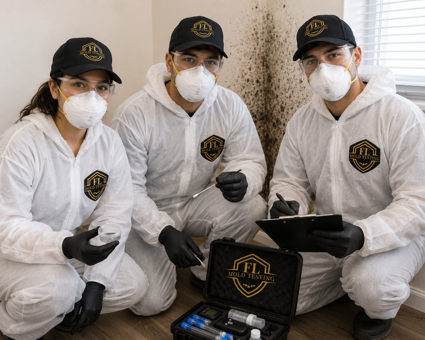 Three individuals dressed in white protective suits, black gloves, face masks, and black caps with a mold testing logo, are working together indoors. They are kneeling on the floor with mold testing equipment, including a kit and clipboard.