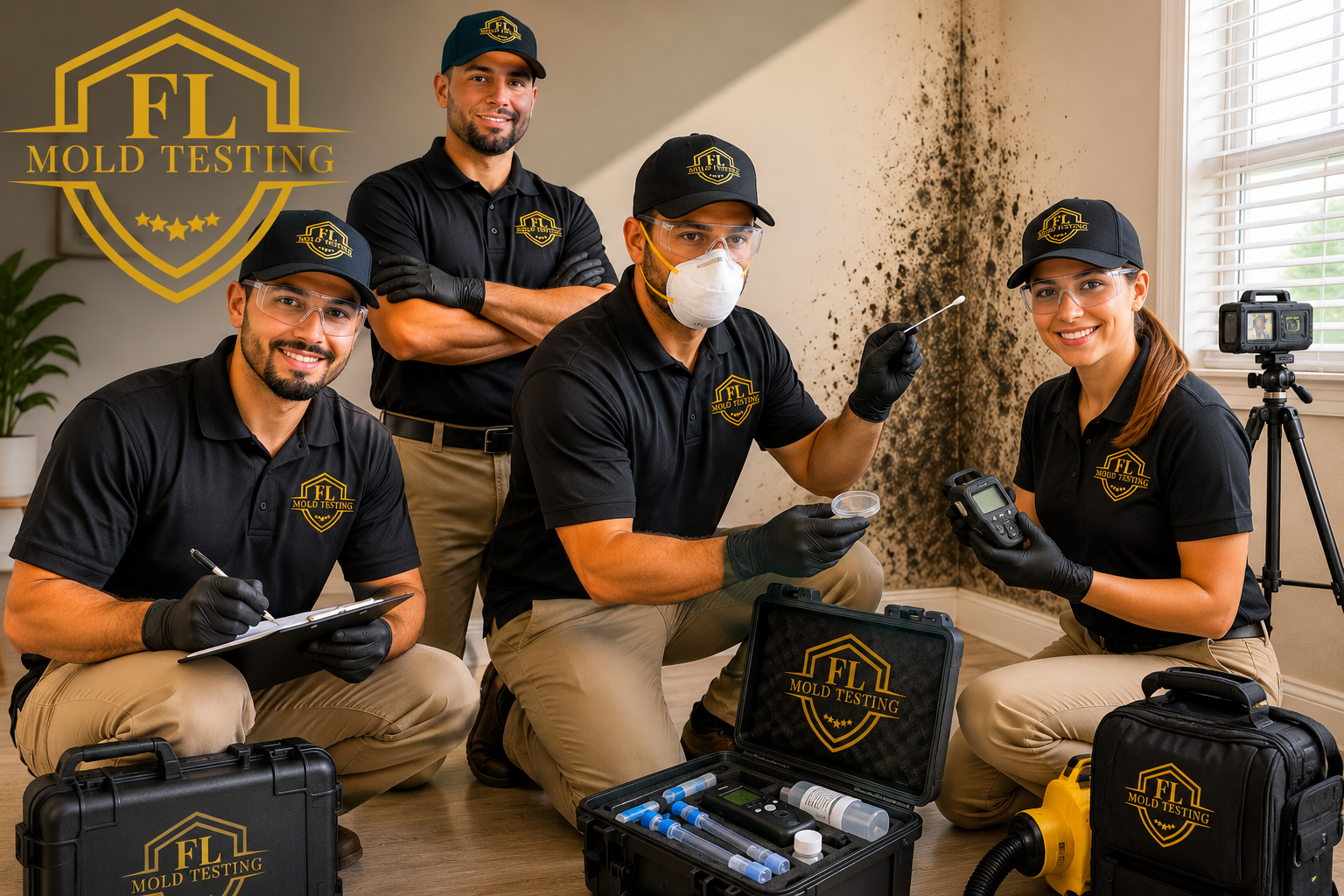 Group of five mold testing professionals in uniform inspecting a mold infestation on a wall in an indoor setting, with testing equipment and tools visible.