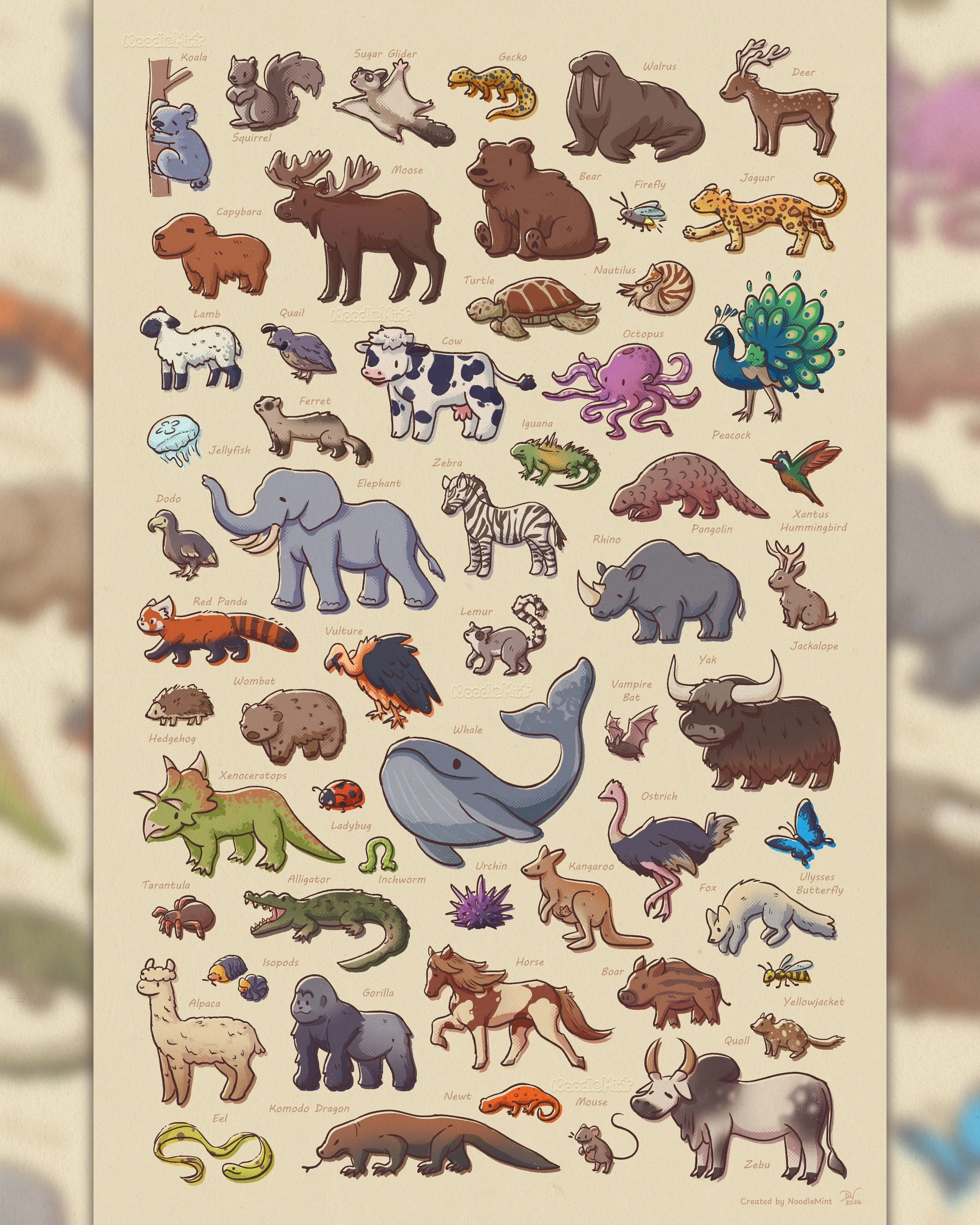 &bull; Critter Companion &bull;
Remember this? I started this poster in August of 2025, and it&rsquo;s finally done! Initially, it was an activity to draw animals from memory (see the timelapse!), but it became a much bigger project than I imagined ?