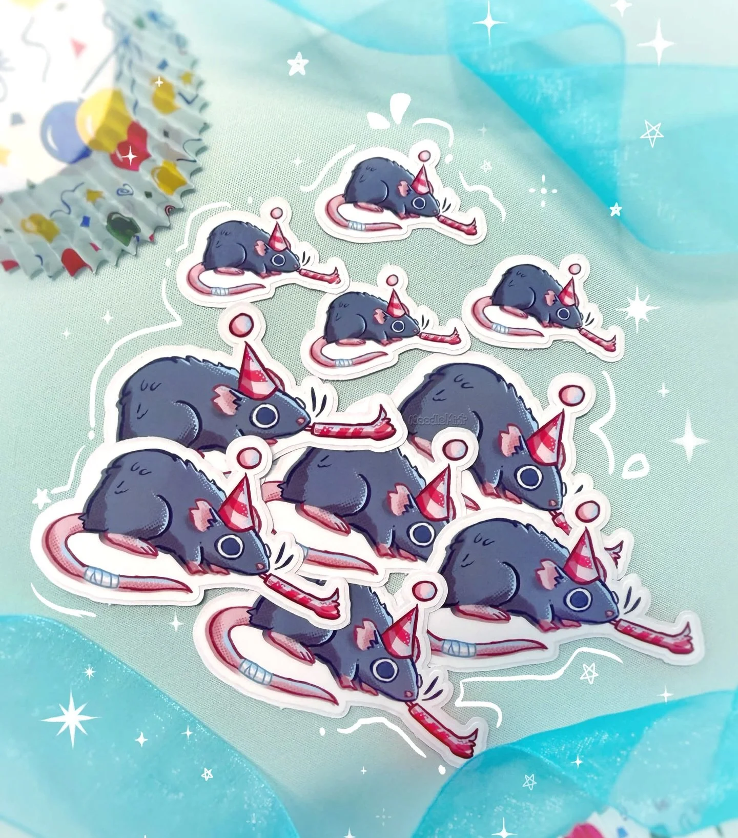 &bull; Party Hat Rat &bull;
The existential dread of getting older but still having fun 🎉😎 
 
Only 2 days left for these LIMITED EDITION party hat rats! Purchases over $10 get a FREE mini sticker, orders over $20 get the large 3&rdquo;. (Doesn&rsqu