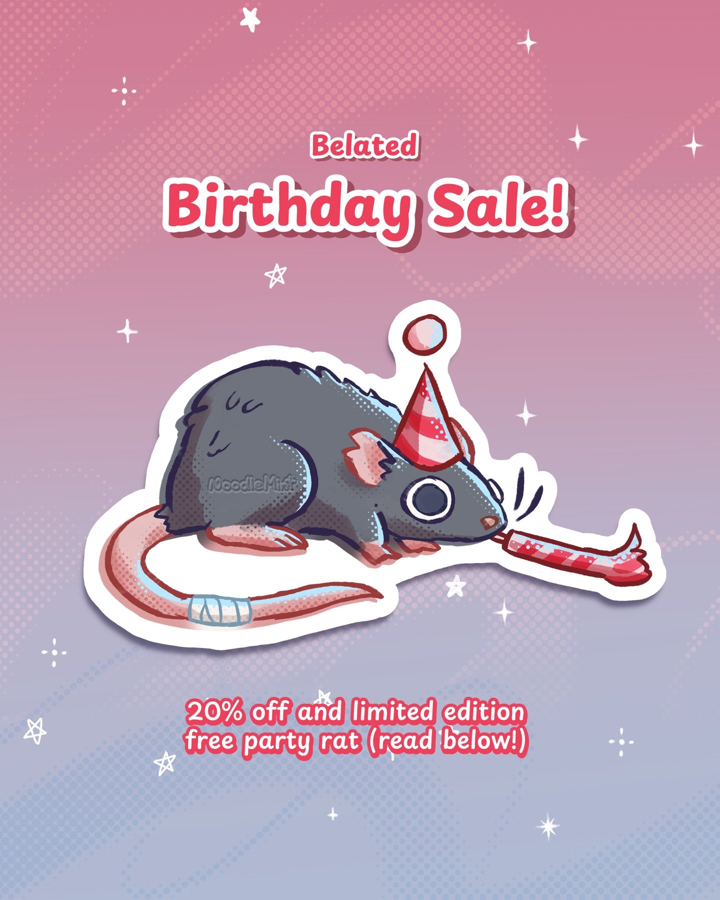 In case you missed my anniversary sale, take the advantage for my (belated) birthday sale UNTIL APRIL 22! The next sale won&rsquo;t be until the holidays! 

20% off most items and get limited edition party rat vinyl sticker freebee with purchase! To 