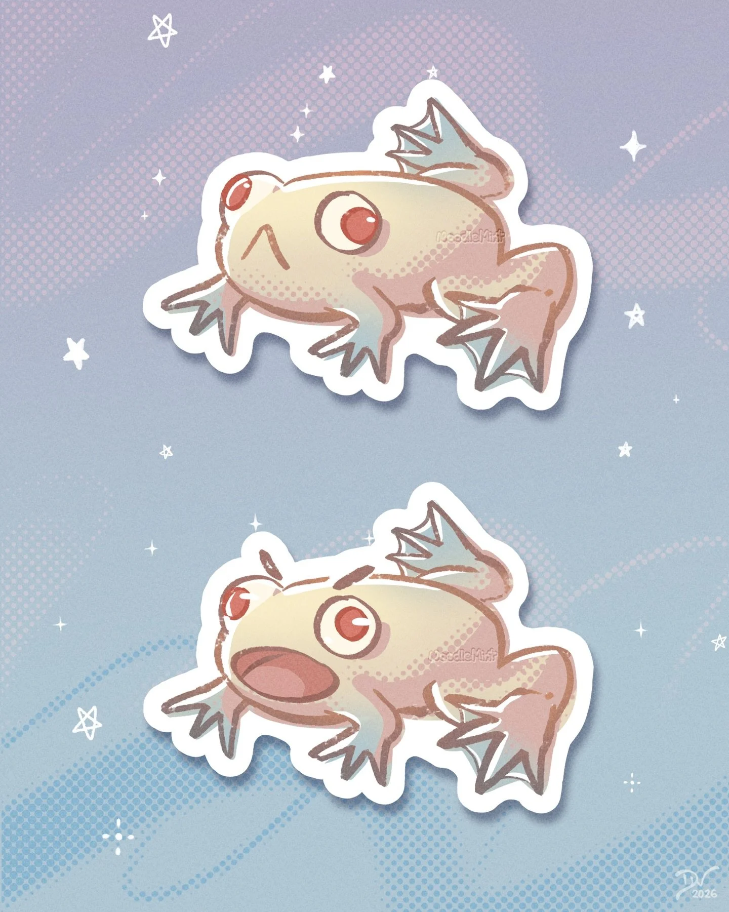 &bull; Aang &bull;
An albino African claw frog drawing and stickers for my friend&rsquo;s b-day! Unsure if I&rsquo;ll produce it for my store but I had fun making this dopey boy. 

Also, thank you all for your support from my 2-year anniversary :>