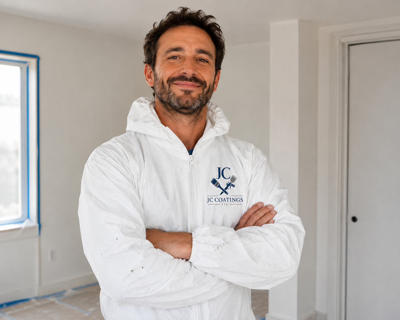 A man with dark hair and a beard standing inside a room with unfinished walls, wearing a white jumpsuit with the logo and name 'JC Coatings' on it. He is crossing his arms and smiling at the camera.