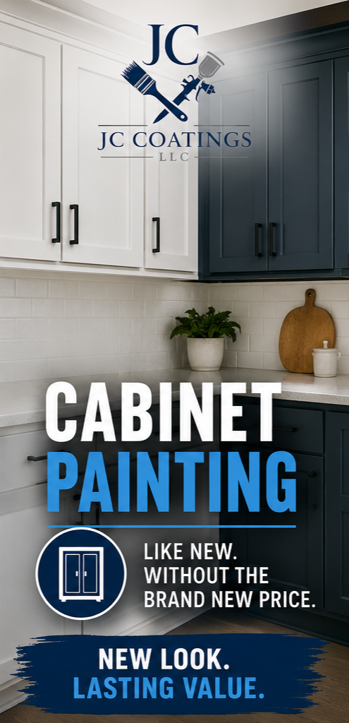 Interior of a kitchen with white and dark blue cabinets, a small potted plant, a cutting board, and a jar on the countertop. Text overlay advertising cabinet painting services, with the logo 'JC Coatings LLC' at the top.