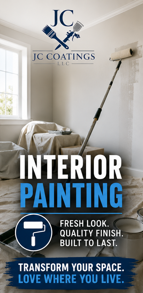 Interior of a room with a window, covered furniture, and a painting roller on an extension pole applying white paint to the wall. The image promotes JC Coatings LLC, specializing in interior painting.