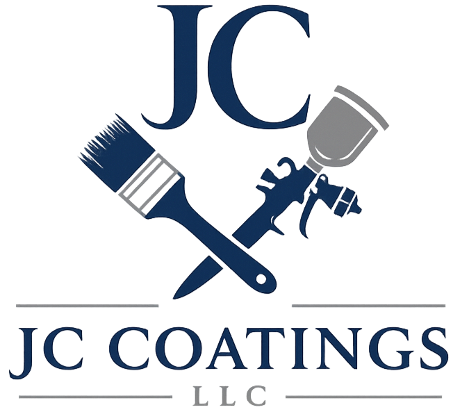 Logo with large initials 'JC' at the top, painting tools including a paintbrush, paint roller, and spray gun in the center, and the text 'JC Coatings' at the bottom.