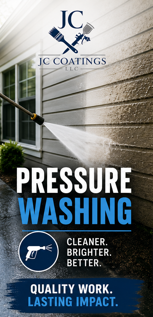 A pressure washer spraying water on the exterior wall of a house, with a logo for JC Coatings LLC and text promoting pressure washing services.