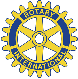 Rotary International emblem with blue and gold gear and the words 'Rotary International' and 'Rotary' on a circular band.