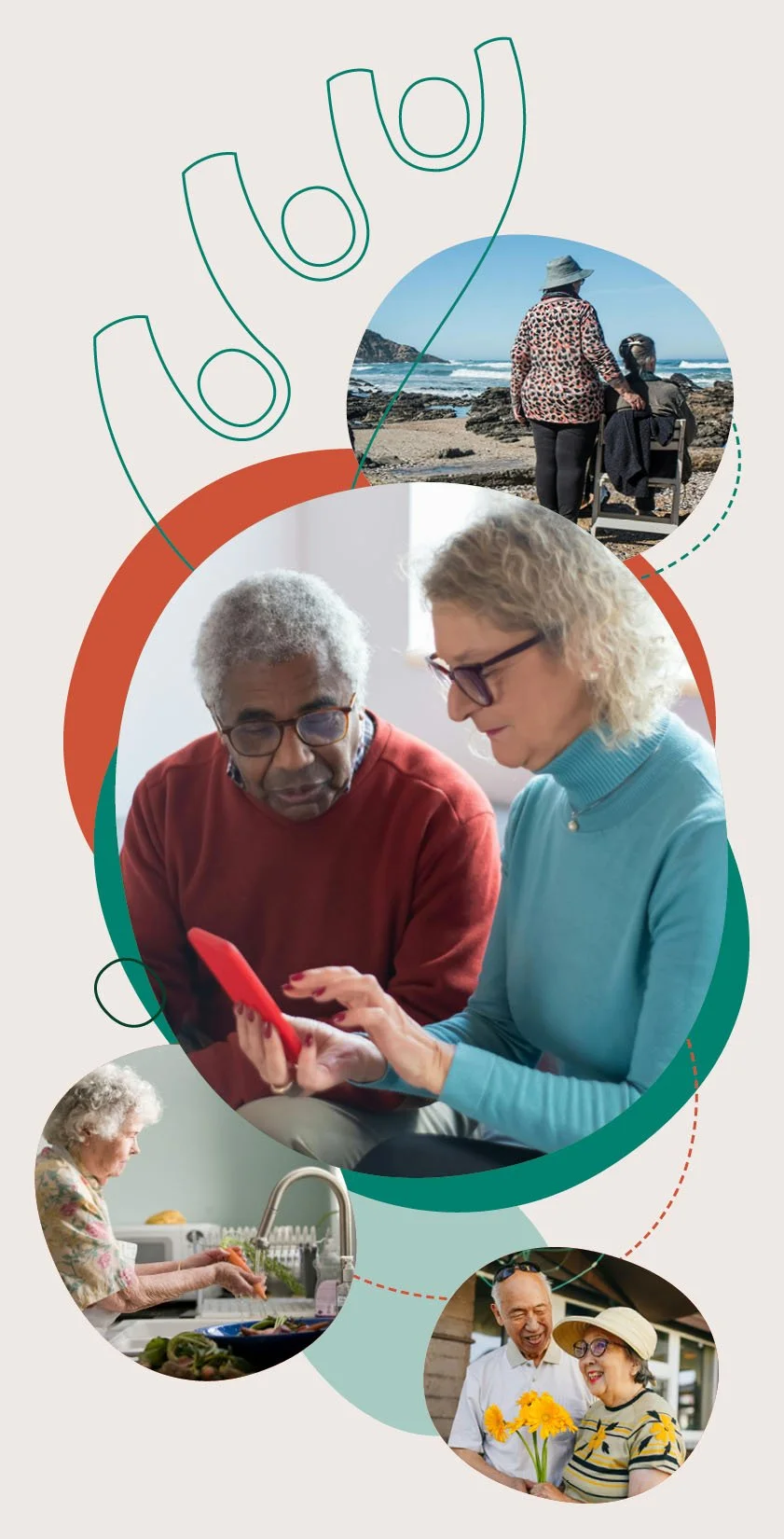 Collage of senior adults engaging in various activities such as relaxing on the beach, looking at a phone, cooking in the kitchen, and sharing flowers outdoors.