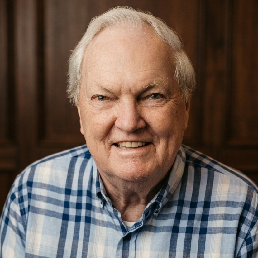 An elderly man with white hair smiling, wearing a blue and white plaid shirt, in a room with wooden paneling.