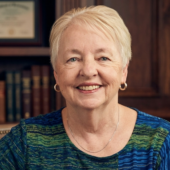 A portrait of an older woman with short blonde hair, wearing a multicolored striped shirt, gold hoop earrings, and a delicate necklace, smiling in front of a bookshelf with framed certificates.