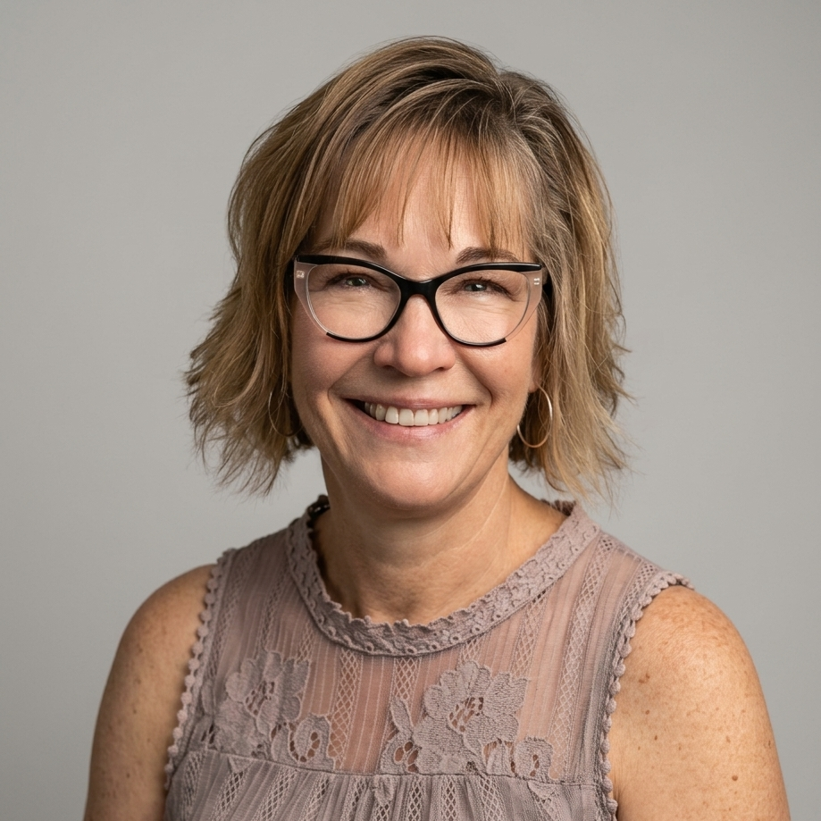 Close-up portrait of smiling middle-aged woman with short blonde hair, glasses, hoop earrings, and a sleeveless, lace-patterned beige top against a gray background.