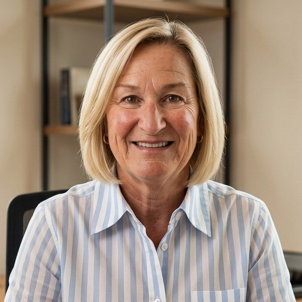 A smiling middle-aged woman with shoulder-length blonde hair wearing a light blue and white striped shirt, sitting in an office with a bookshelf in the background.