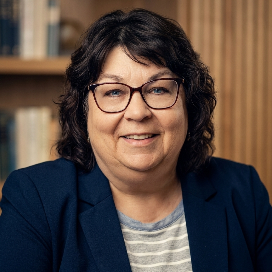 A woman with dark curly hair and glasses smiling at the camera, wearing a navy blazer and a striped shirt, in front of a bookshelf.