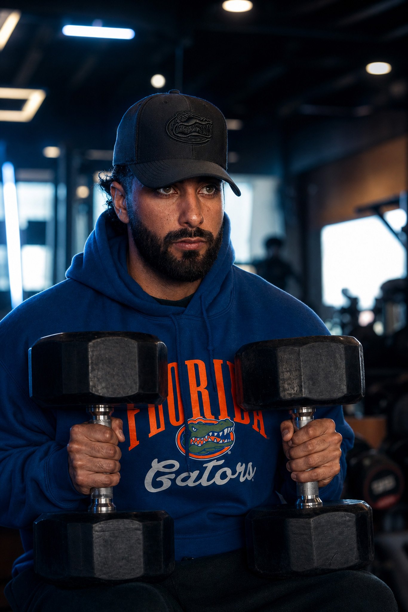 Hombre levantando pesas en gimnasio durante entrenamiento de fuerza, fotografía fitness por Carlos Vega.