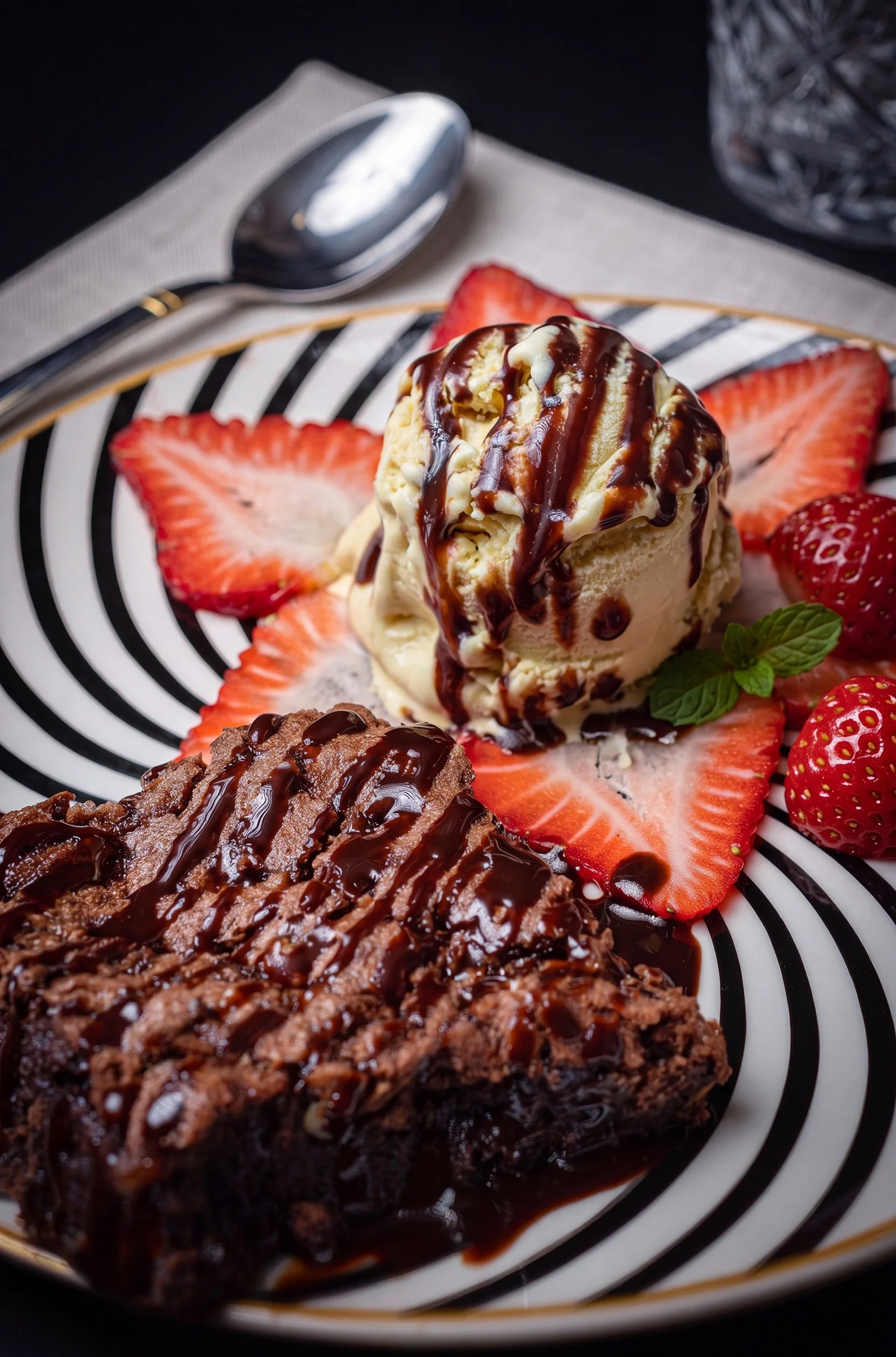 Fotografía gastronómica de postre con helado, fresas y chocolate por Carlos Vega.