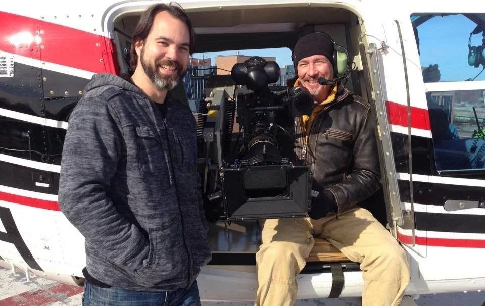 Director of Photography Gary Nolton prepares to fly and film aerial footage from a helicopter for St.Louis Childrens Hospital TV commercial.