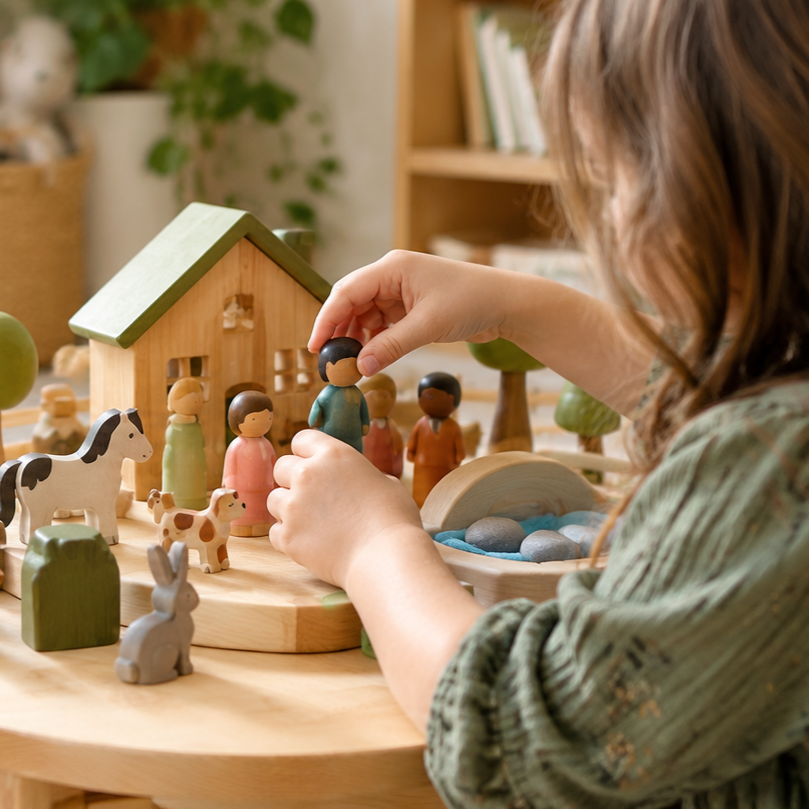 Child arranging wooden figurines and toy animals on a wooden table with a miniature house and trees, in a cozy room with bookshelves.