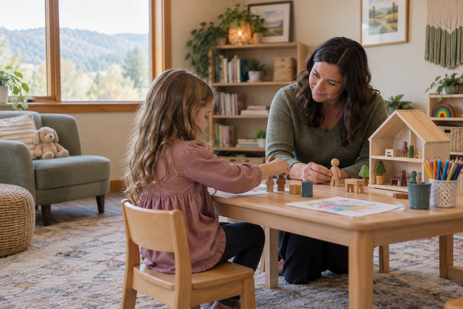 Child participating in a play-based therapy session with a therapist at Trailhead Integrated Services