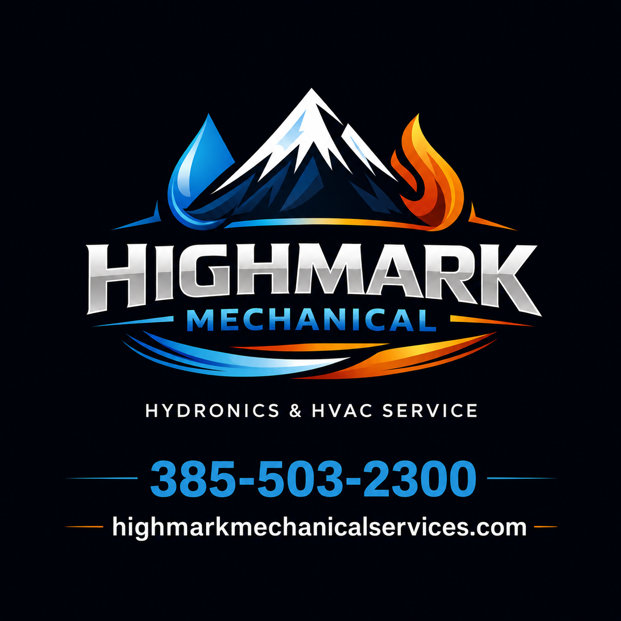 Logo for Highmark Mechanical featuring a mountain, water drop, and flame, with contact information for hydronics and HVAC services.