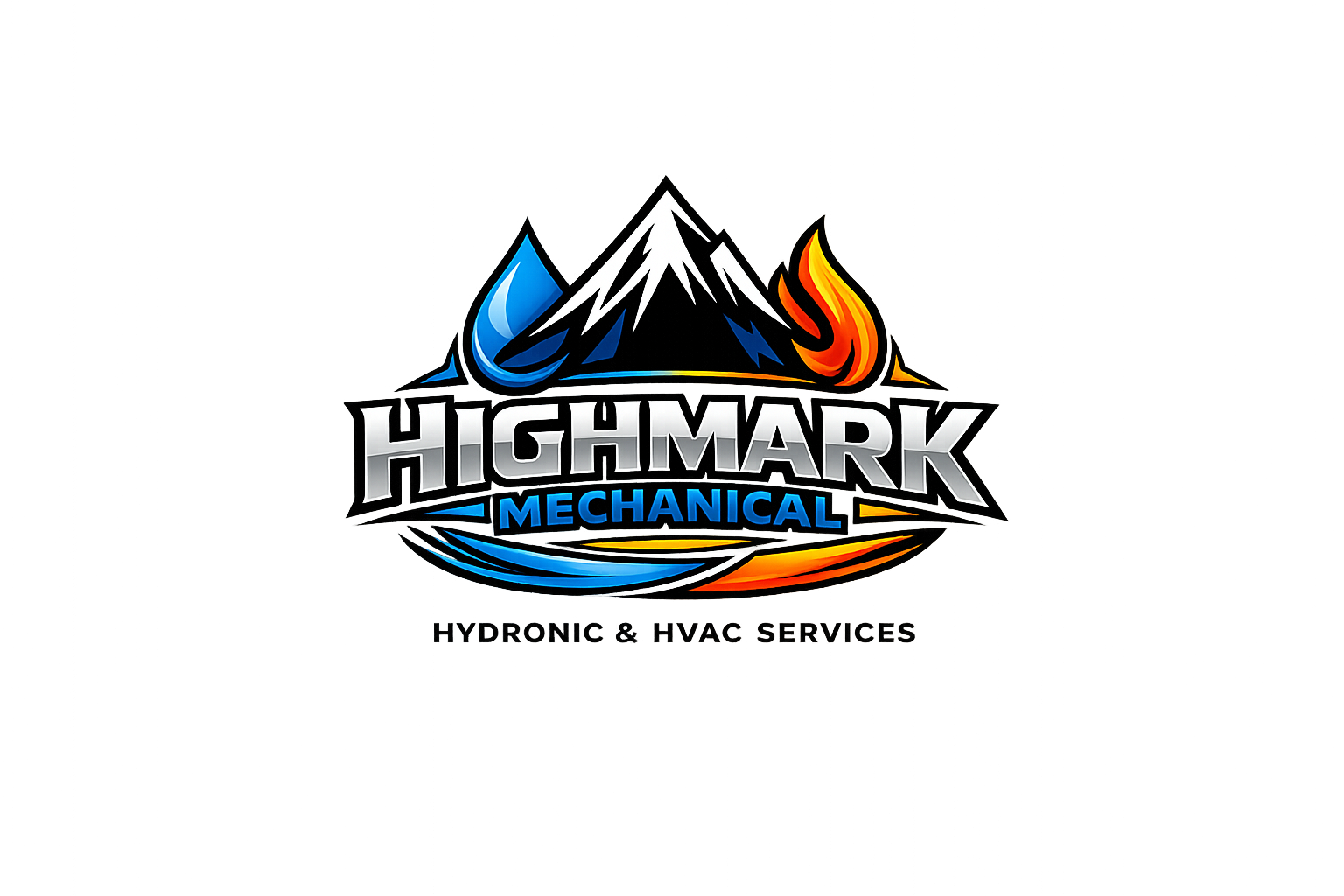 Logo for Highmark Mechanical, featuring a mountain with flames on one side and a water droplet on the other, with the company name and the text 'Hydronic & HVAC Services' underneath.