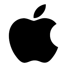 Black silhouette of the Apple logo with a leaf at the top