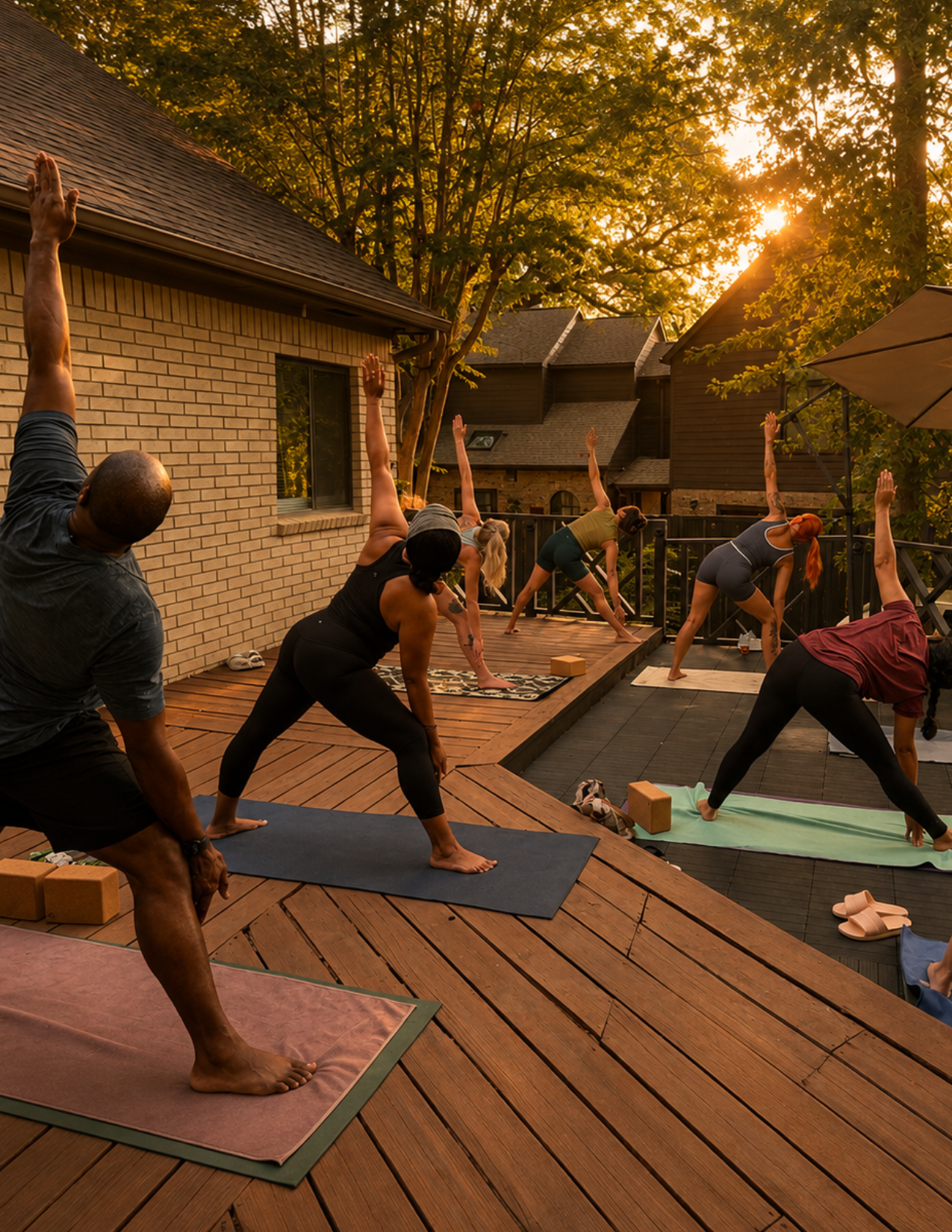 Guests practicing outdoor yoga during a private Nuevo Om gathering on a backyard deck in Grapevine, Texas.