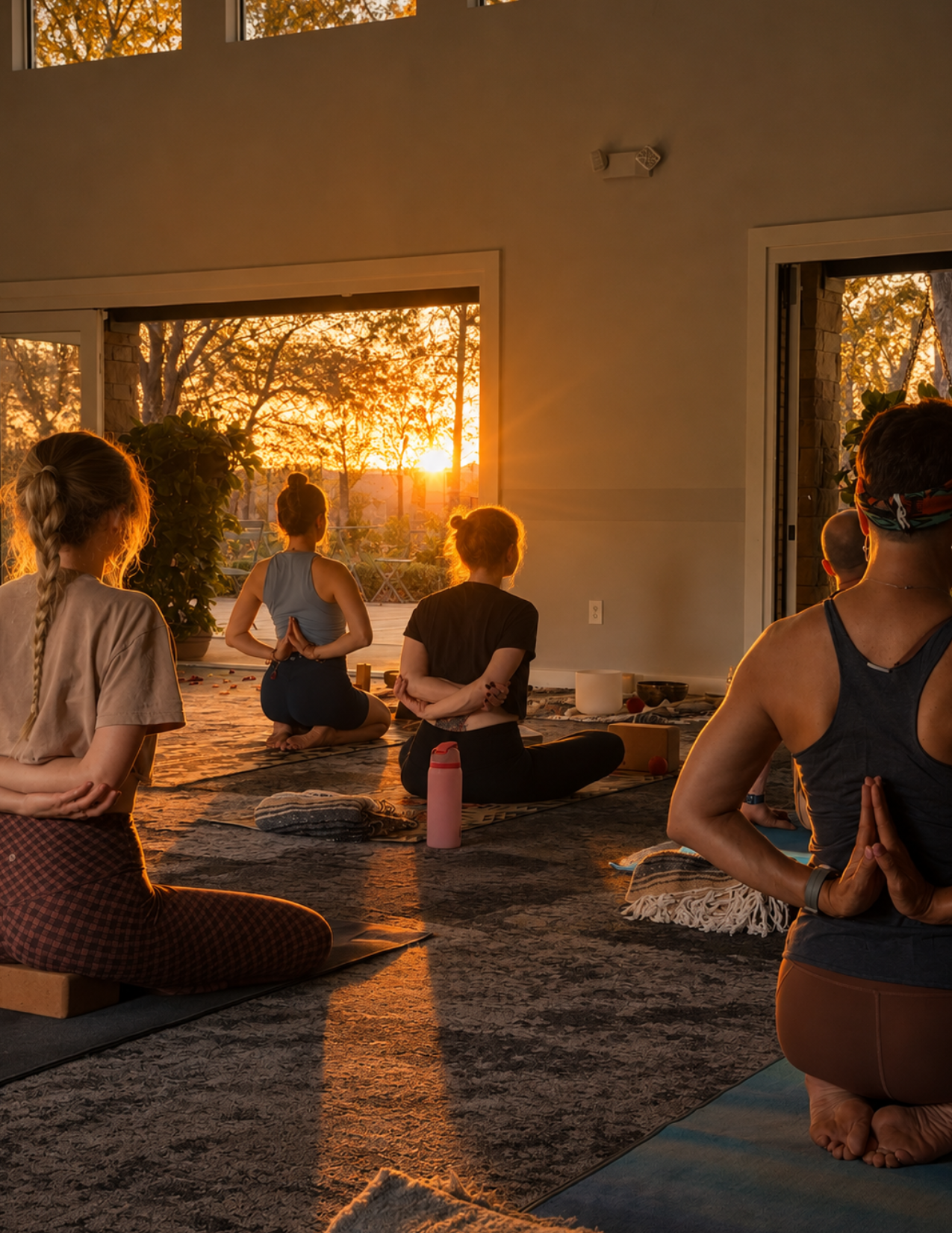 Guests seated on yoga mats during a sunset meditation at a private Nuevo Om gathering in Grapevine, Texas.