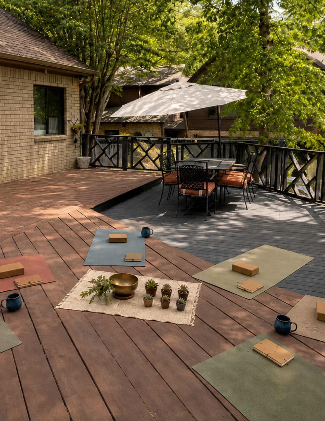 Backyard deck prepared for a private Nuevo Om yoga gathering with mats, journals, a singing bowl, and succulents in Grapevine, Texas.