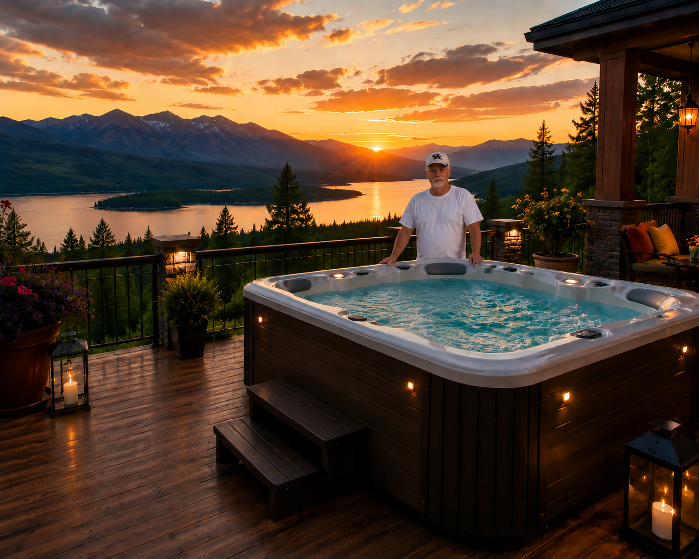 A man standing by a hot tub that is newly repaired on a wooden deck overlooking a scenic lake and mountain range during sunset, with outdoor furniture and lanterns.
