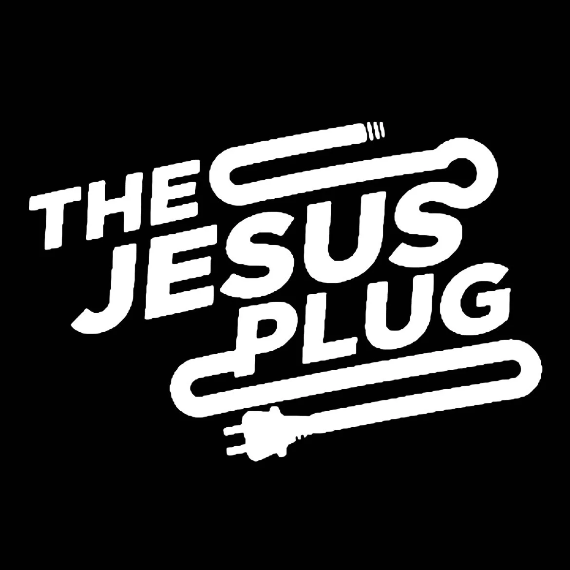Logo with the text 'The Jesus Plug' written in white, stylized with an electric plug icon integrated into the design, set against a black background.
