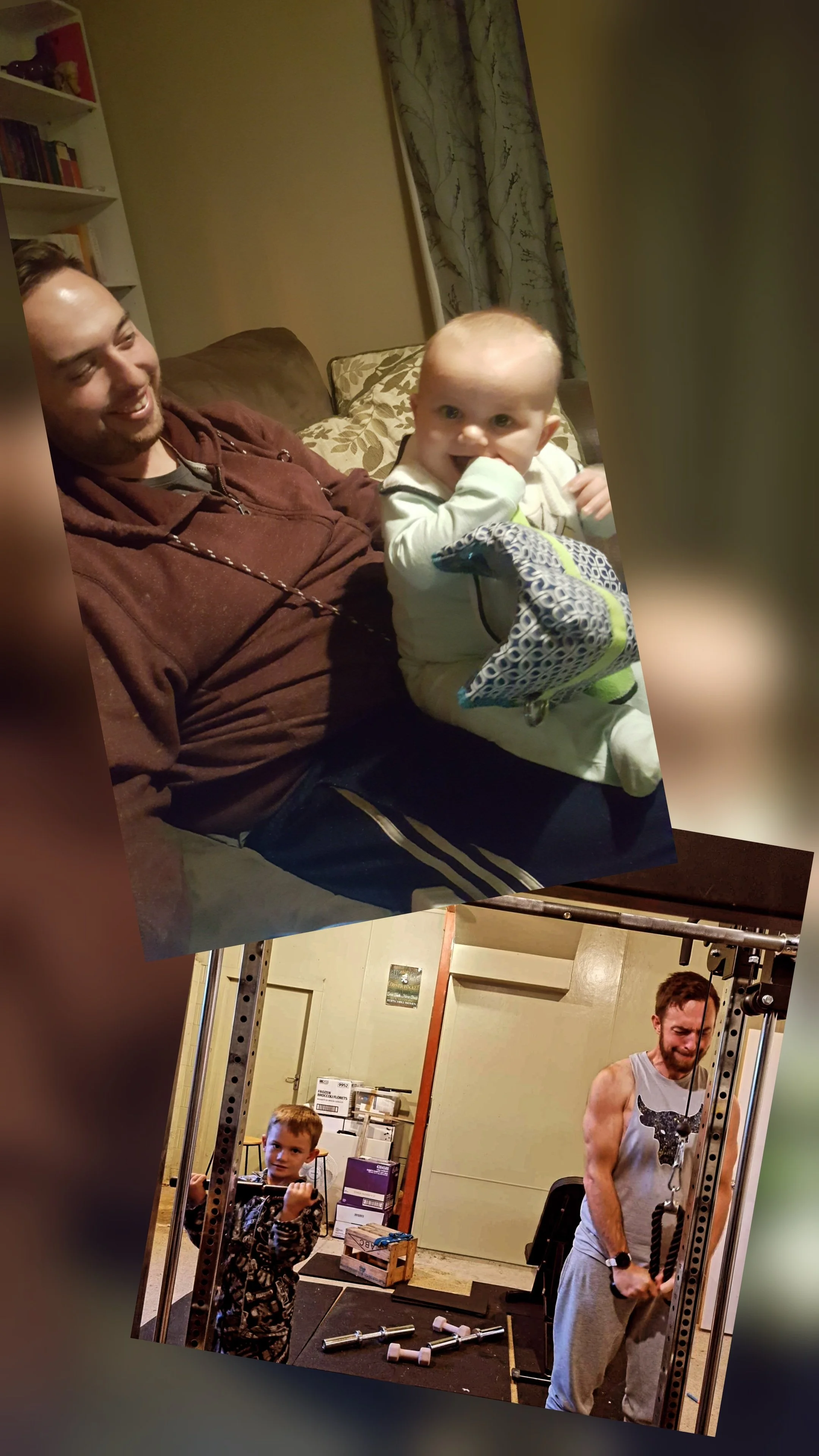 A smiling man sitting on a couch in a living room, holding a happy baby with a pacifier, near a bookshelf and curtains. In another part of the image, a young boy lifting weights and a muscular man working out in a gym.