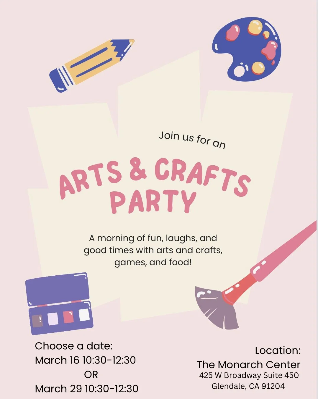 Invitation flyer for an arts and crafts party with illustrations of a pencil, paint palette, paint set, and a paintbrush on a pink background.
