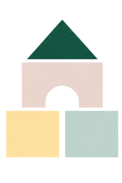 A colorful toy house made of blocks with a green triangular roof and pink and yellow blocks underneath.