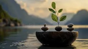 Stacked stones with a small green plant growing from the center, floating on water with mountains and cloudy sky in the background.
