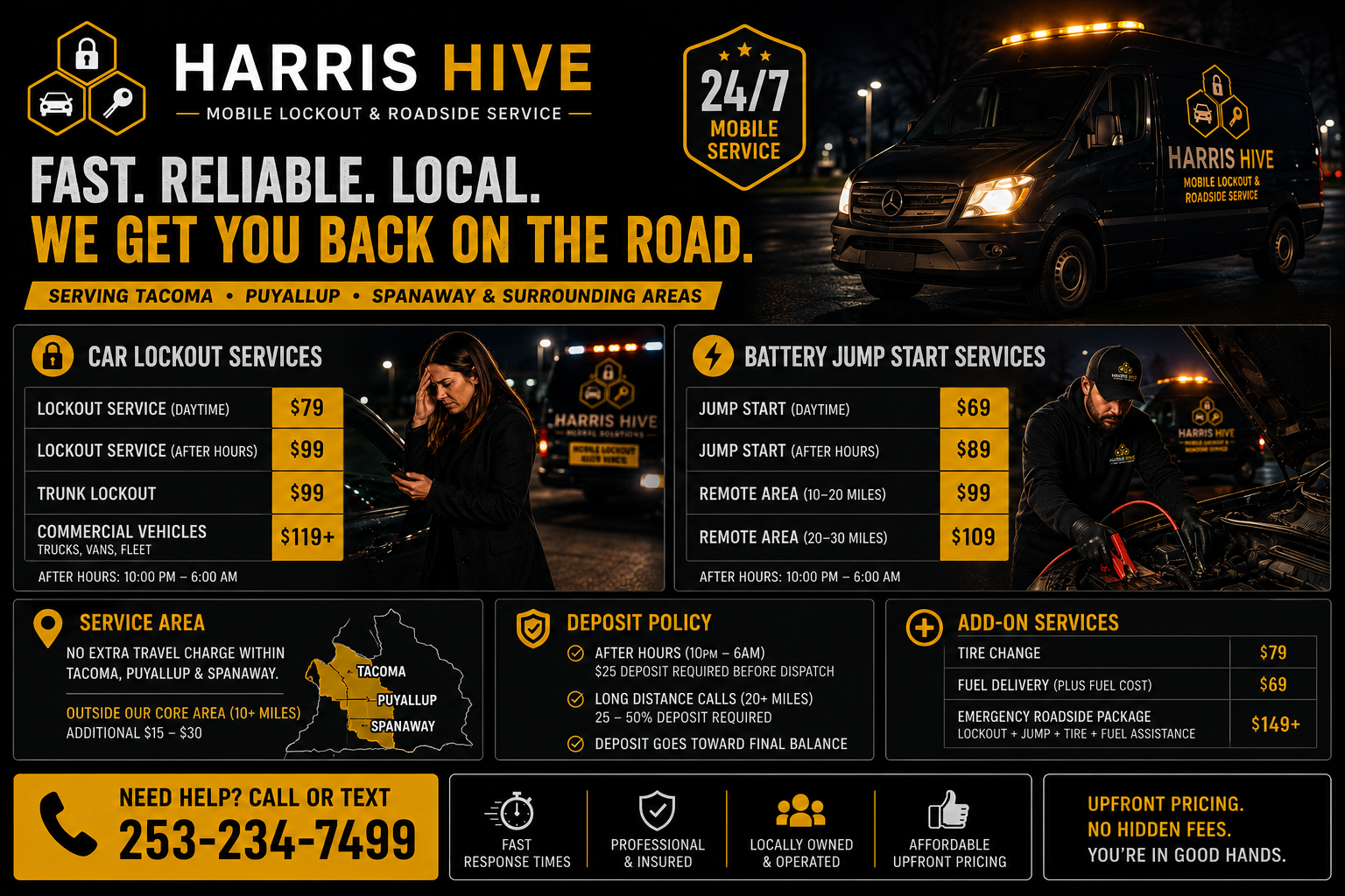 Harris Hive mobile lockout and roadside service advertisement featuring a black service van, service pricing, service areas, and contact information, with images of a woman and a man working on vehicles at night.
