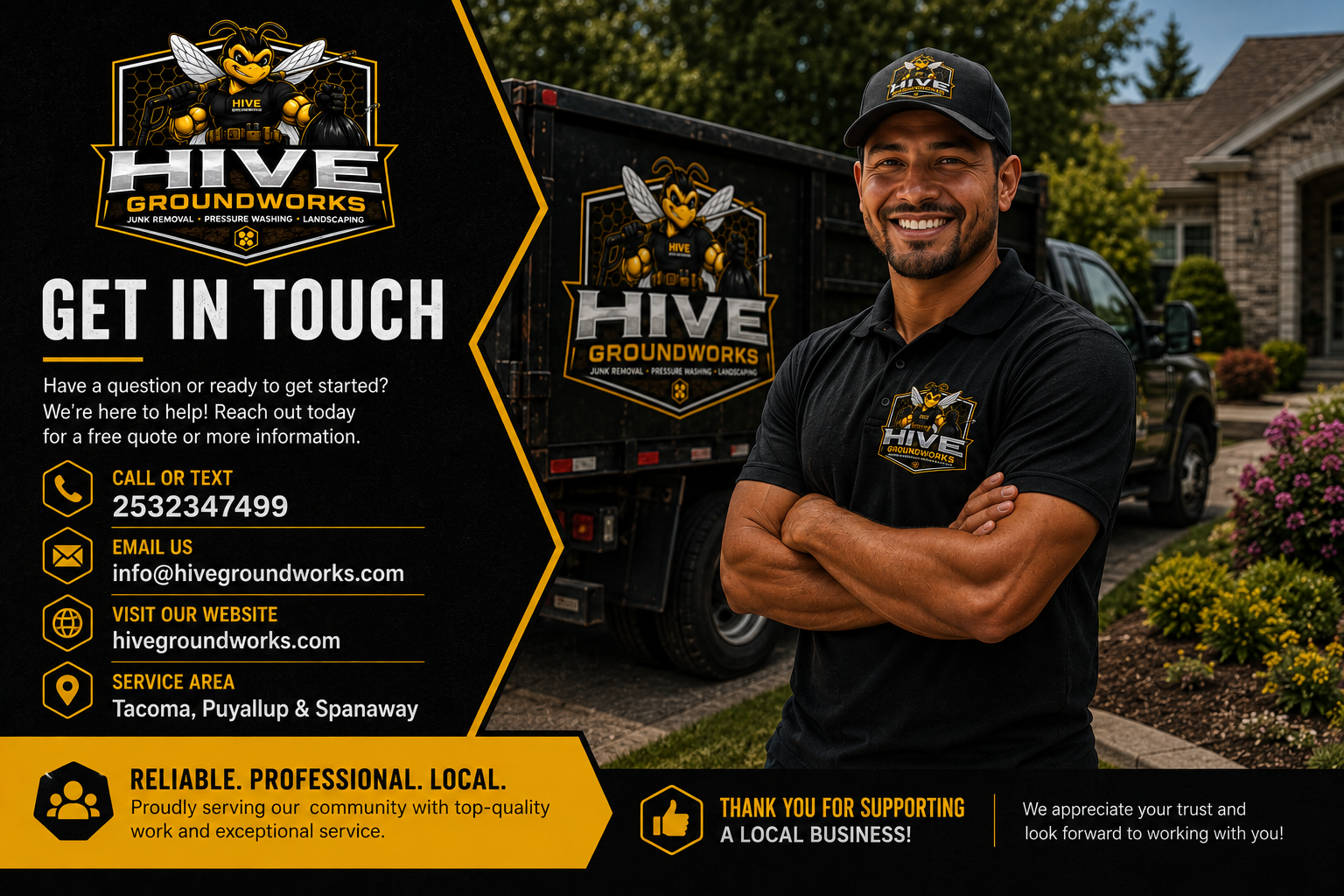 A man in a black polo shirt and black cap standing outdoors with arms crossed, smiling at the camera. The shirt and cap feature the Hive Groundworks logo, which includes a cartoon bee with construction tools. A black truck with the Hive Groundworks logo is in the background, parked in front of a house with a landscaped yard.