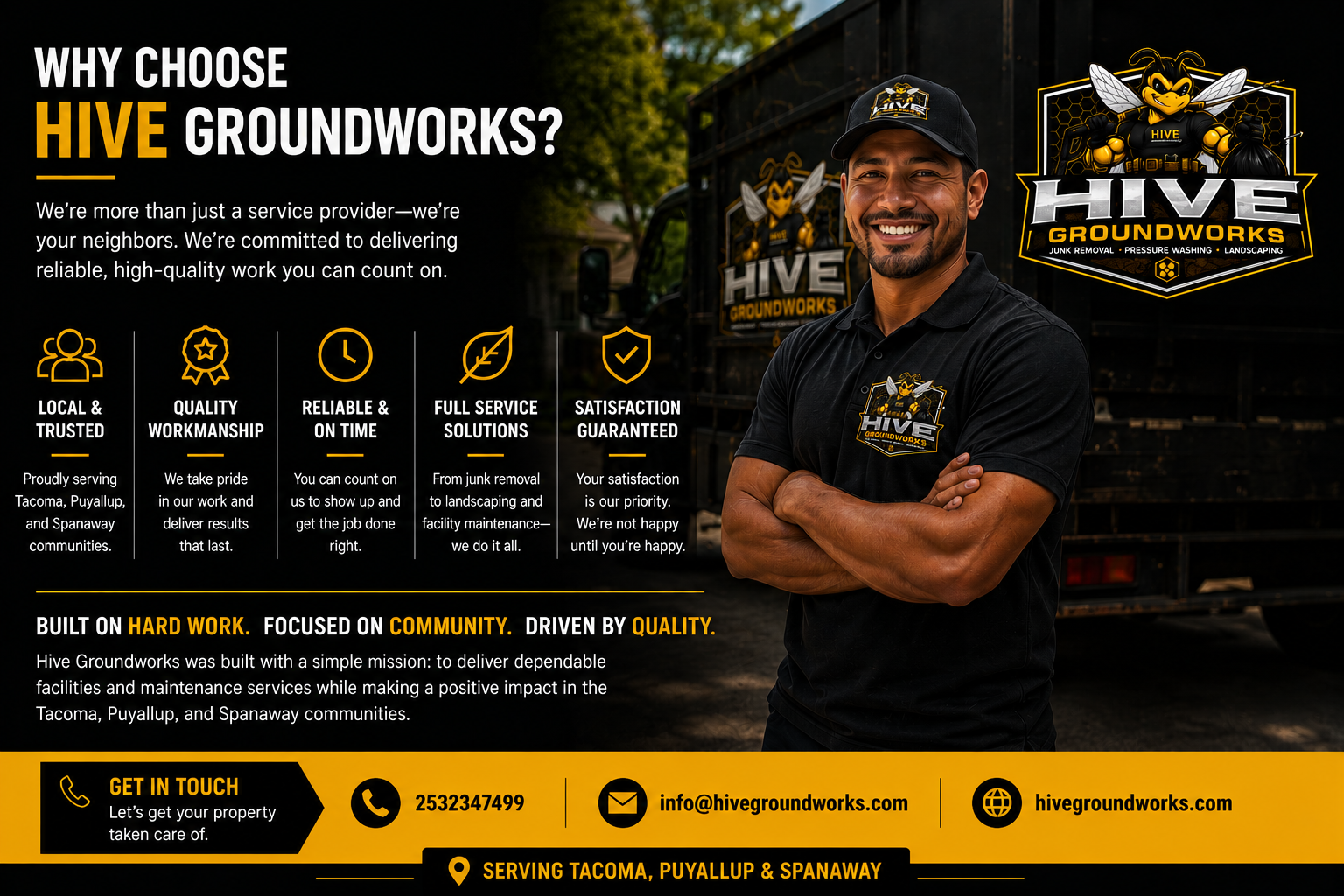 A man in a black hive groundworks polo shirt standing in front of a truck with the company logo, smiling with arms crossed. The image promotes Hive Groundworks, a landscaping and junk removal service, with details about their commitments and contact information.